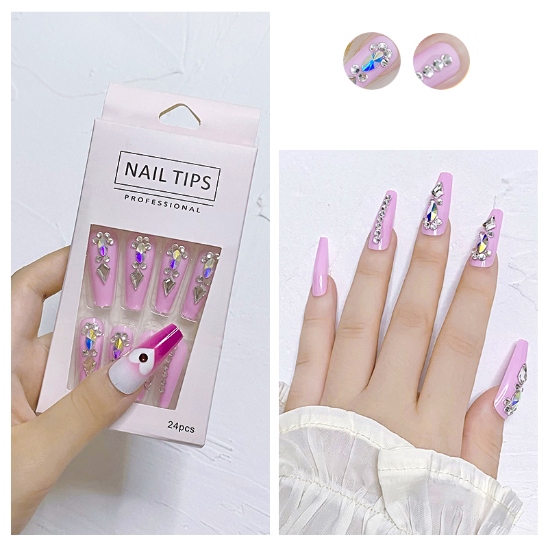 24pcs/Box Coffin Shape French Tip False Nail Reusable Press On Nails With Rhinestones