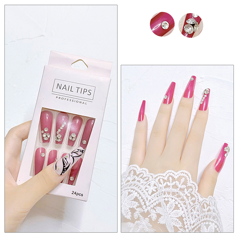 24pcs/Box Solid Color Coffin False Nail Reusable Long Press On Nails With Rhinestones